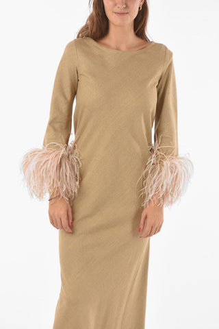 Silk Maxi Dress with Feather Trim at Sleeve Hem