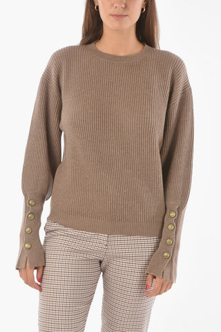 Crew Neck Buttoned Sleeve Cashmere Sweater