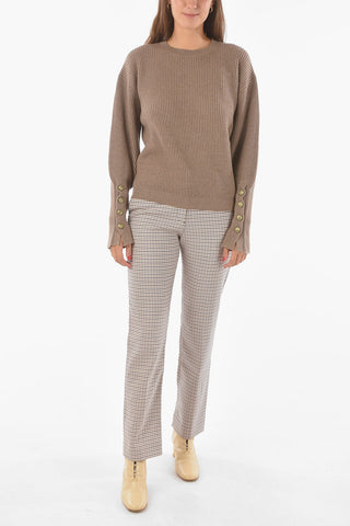 Crew Neck Buttoned Sleeve Cashmere Sweater