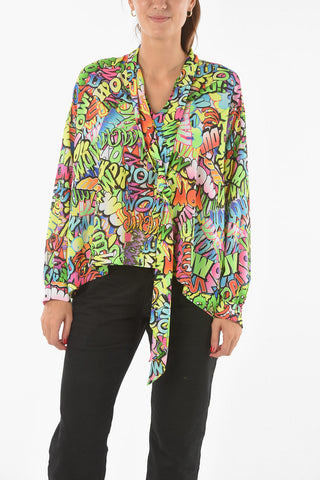 Tie-neck Blouse with All-over WOW Print