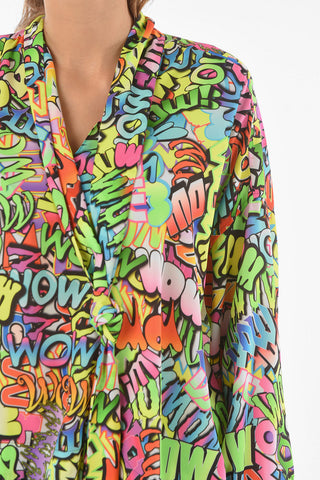 Tie-neck Blouse with All-over WOW Print