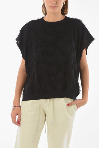 Crew Neck Sleeveless Eyelash Cotton Sweater
