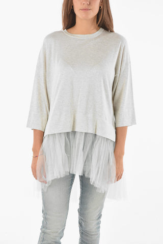 Three-quarter Sleeves Silk Blend T-Shirt With Tulle On Bottom