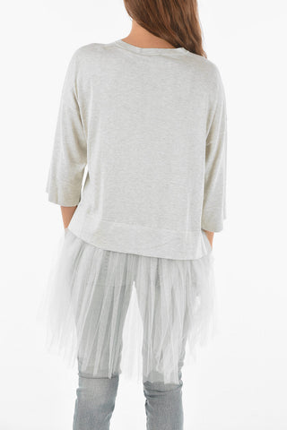 Three-quarter Sleeves Silk Blend T-Shirt With Tulle On Bottom