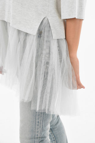 Three-quarter Sleeves Silk Blend T-Shirt With Tulle On Bottom