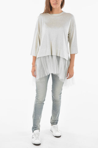 Three-quarter Sleeves Silk Blend T-Shirt With Tulle On Bottom