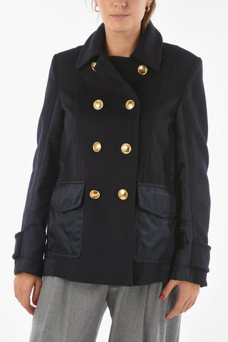 Multi-textured Double-breasted Caban with Metal Logoed Buttons