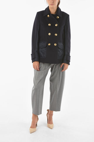 Multi-textured Double-breasted Caban with Metal Logoed Buttons