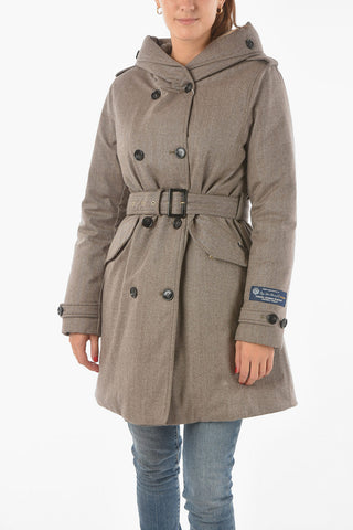Double-breasted Hooded Down Trench with Herringbone Pattern