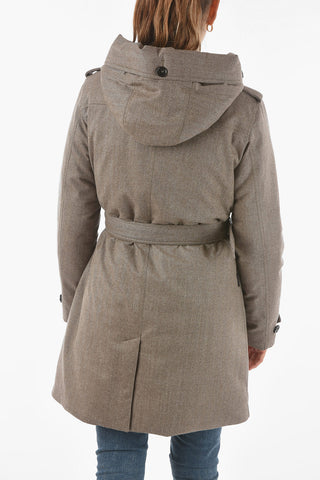 Double-breasted Hooded Down Trench with Herringbone Pattern