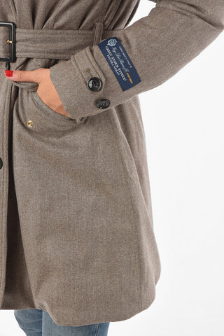 Double-breasted Hooded Down Trench with Herringbone Pattern