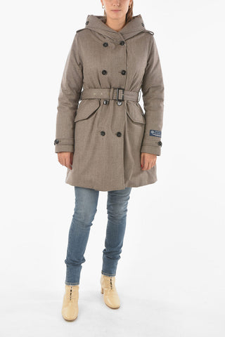 Double-breasted Hooded Down Trench with Herringbone Pattern