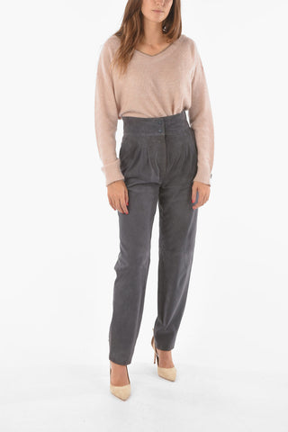 Suede High-waisted Triple Pleated Pants