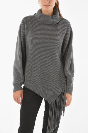 Cashmere Wool Asymmetrical Turtleneck Sweater with Fringed Detail