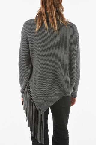 Cashmere Wool Asymmetrical Turtleneck Sweater with Fringed Detail