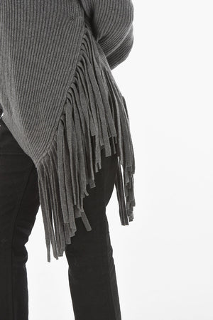 Cashmere Wool Asymmetrical Turtleneck Sweater with Fringed Detail