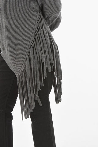 Cashmere Wool Asymmetrical Turtleneck Sweater with Fringed Detail