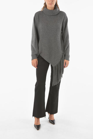 Cashmere Wool Asymmetrical Turtleneck Sweater with Fringed Detail