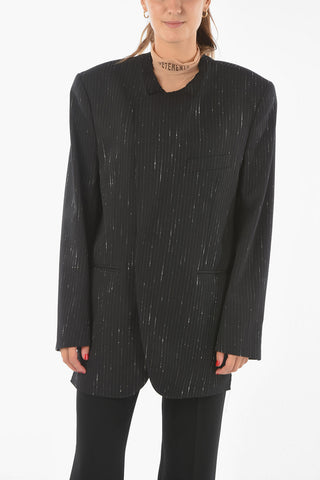 Raw Cut Pinstriped Double Breasted Blazer