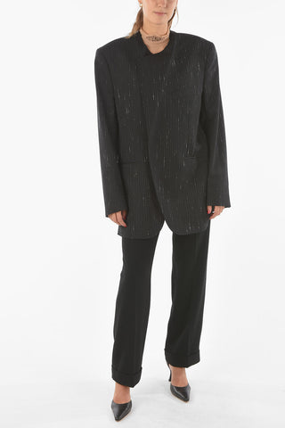 Raw Cut Pinstriped Double Breasted Blazer