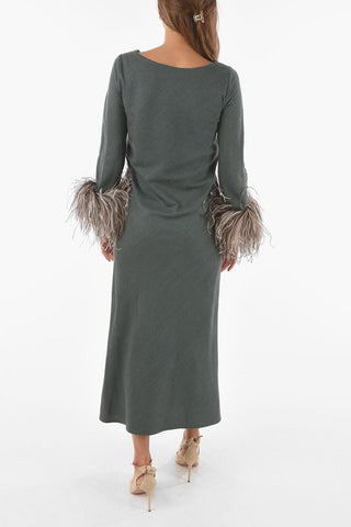 Silk Maxi Dress with Feather Trim at Sleeve Hem