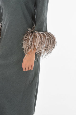 Silk Maxi Dress with Feather Trim at Sleeve Hem