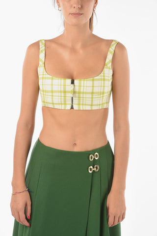 Front Zipped Plaid Check Virgin Wool Crop Top