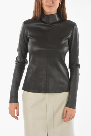 Long-sleeve Turtleneck Soft Leather Top with Zip Fastening