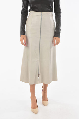 Gonna Longuette Svasata in Nappa con Zip Frontale