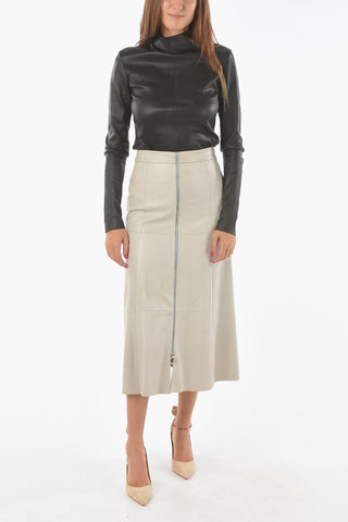 Gonna Longuette Svasata in Nappa con Zip Frontale