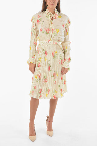 Crinkled-effect Silk Floral Midi Dress with Belt