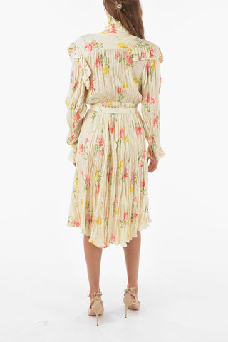 Crinkled-effect Silk Floral Midi Dress with Belt