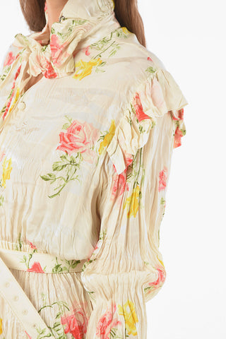 Crinkled-effect Silk Floral Midi Dress with Belt