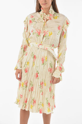 Crinkled-effect Silk Floral Midi Dress with Belt