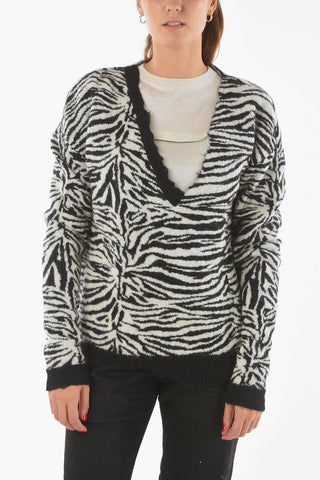 Maglia Zebrata in Misto Mohair con Collo a V