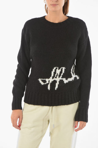Wool Blend INTARSIO Crewneck Sweater with Lettering Logo