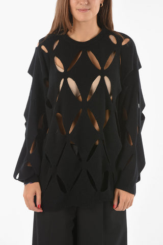 Virgin Wool Oversize Sweater with All-over Cut outs