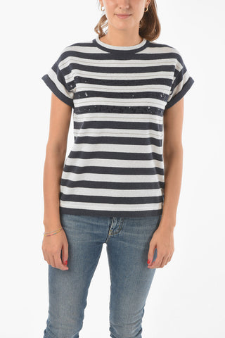 Short-sleeved Crew Neck Striped Sweater with Sequines