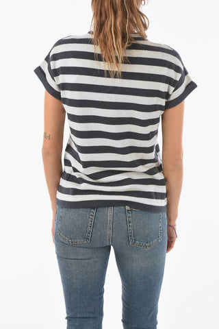 Short-sleeved Crew Neck Striped Sweater with Sequines