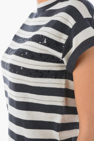 Short-sleeved Crew Neck Striped Sweater with Sequines