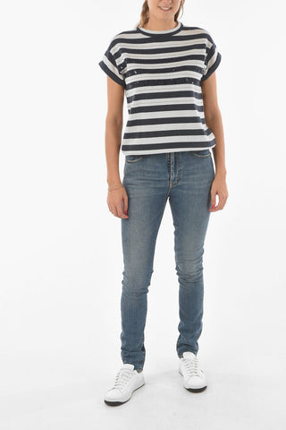 Short-sleeved Crew Neck Striped Sweater with Sequines