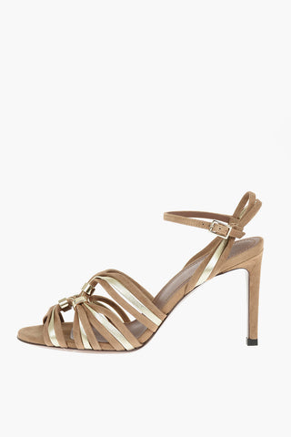 Suede Leather Sandals with Laminated Leather Details and Rings 8,5cm