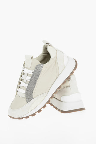 Sneakers Basse in Nylon con Dettagli in Suede e Microperline