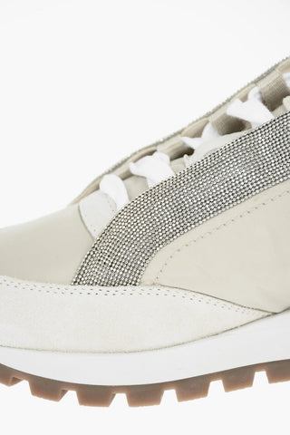 Sneakers Basse in Nylon con Dettagli in Suede e Microperline