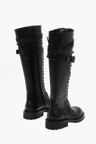 Leather DANNY Lace-up Knee-high Boots with Belt Embellishment 4cm