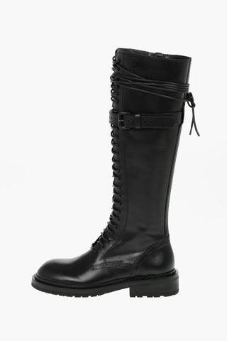 Leather DANNY Lace-up Knee-high Boots with Belt Embellishment 4cm
