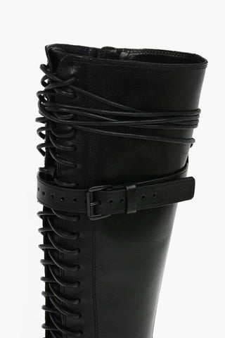 Leather DANNY Lace-up Knee-high Boots with Belt Embellishment 4cm