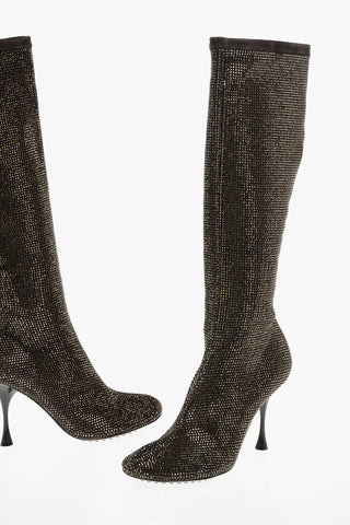 Suede Leather SPARKLE DOT Knee-high Boots with Rhinestones All-over 10cm