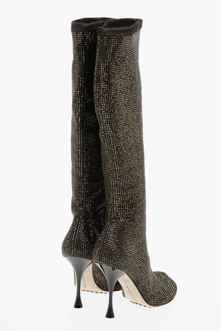 Suede Leather SPARKLE DOT Knee-high Boots with Rhinestones All-over 10cm
