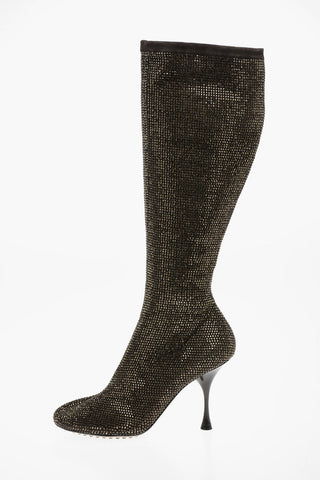Suede Leather SPARKLE DOT Knee-high Boots with Rhinestones All-over 10cm